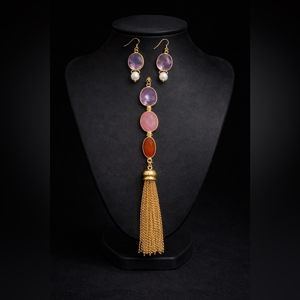 Amethyst, Pearl, Rose Quartz, Carnelian, Gold Tassel Necklace Set